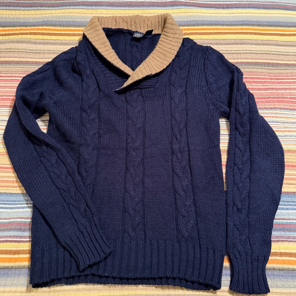 GANT The Rugger Men‎ Navy Blue 100% Wool Cable Knit Shawl Collar Sweater M
